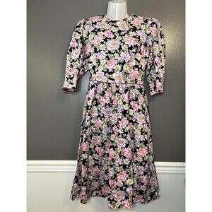 Vintage Lanz Dress Womens 6 Floral Puff Sleeve Midi Shoulder Pads Made USA 80s